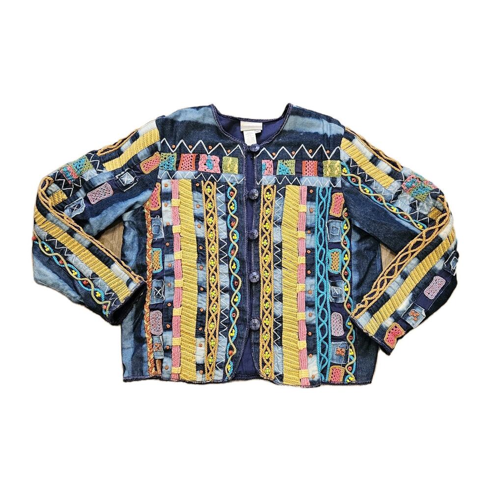 Vtg Embroidered Wearable Art Jacket Womens L Patchwork Beaded Hippie Colorful